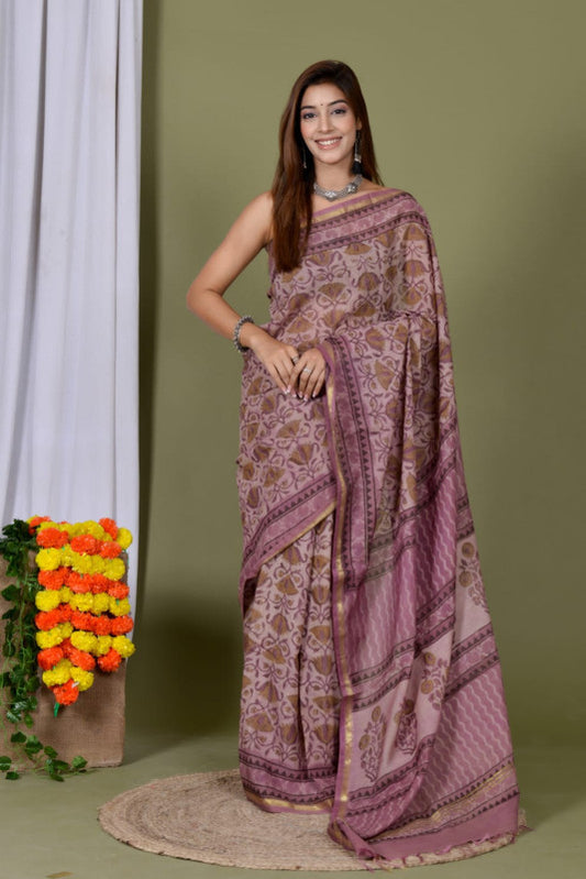 Natural Hand Block Printed Ajrakh Chanderi Cotton Silk Saree!!