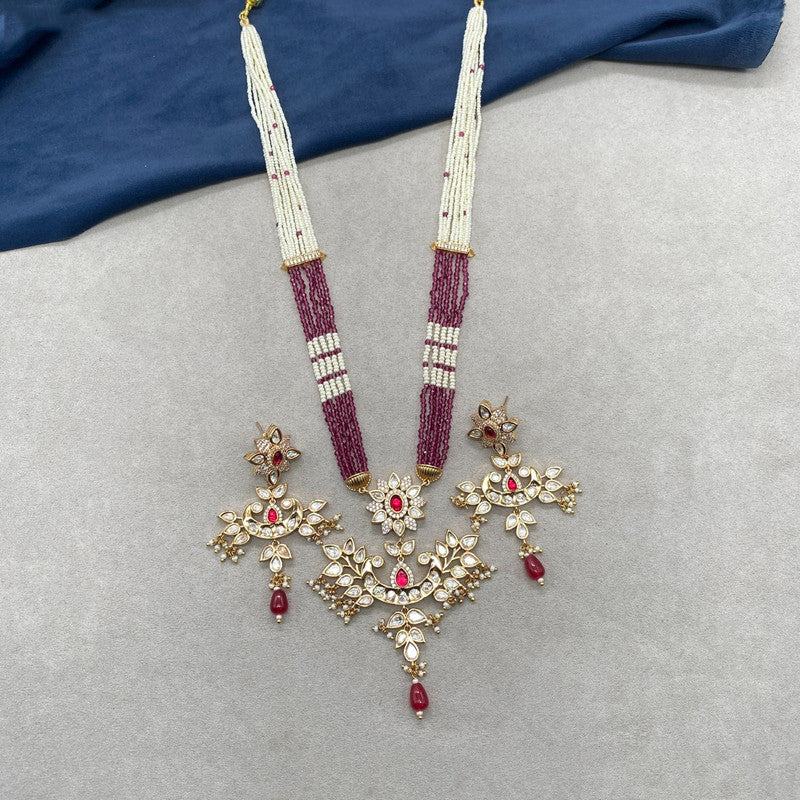 Gold & Multi Coloured Pure Brass with Real Kundan & Pearls Women One Gram Gold Designer Long Hara with Pendant & Earrings!!