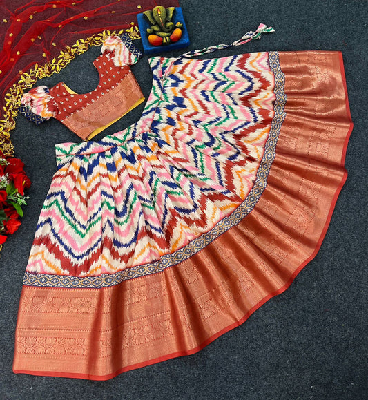 Red & Multi Coloured Soft Silk with Designer Digital Print with Zari Girls Kids Lehenga Choli with Dupatta!!