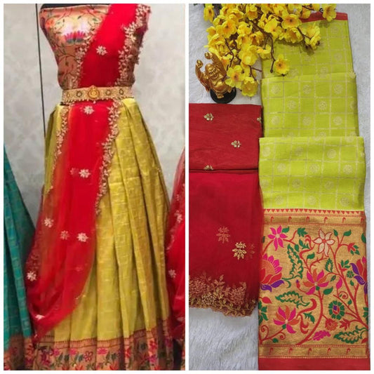 Light Green & Maroon Red Coloured Kanjiveram Silk Zari Lehanga With Blouse Along With Heavy Embroidery Cut Work Dupatta Woman Designer Half Saree Lehenga!!