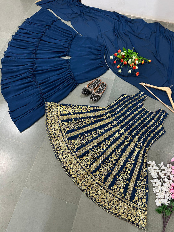 Navy Blue Coloured Faux Georgette with Embroidery Work Women Designer Party wear Top with Sharara & Dupatta!!