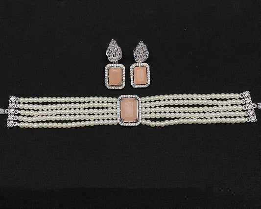 Exclusive Peach & White Coloured Premium Quality Pure Brass American Diamond Stone Pearls Choker set with earrings for Women!!