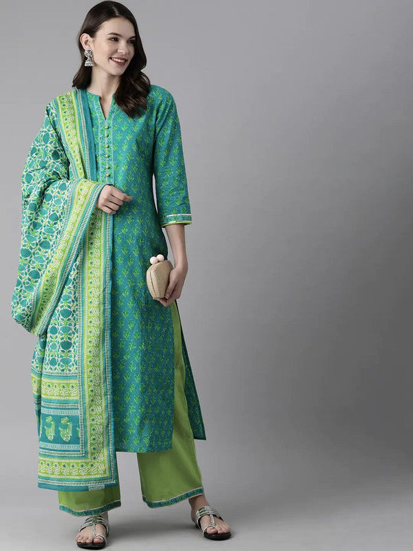 Blue & Green Coloured Pure Cotton with floral printed Women Designer Party wear Straight Line Kurti with palazzo pants & Dupatta!!