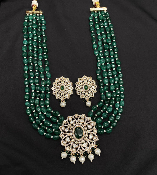 Green Coloured Beautiful American Diamonds with Real Glass Polki pearls Women Designer Silver Plating Long Bridal Necklace set with Earrings!!