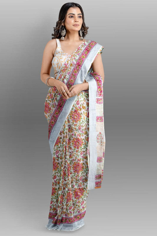 Pink & Multi Coloured Linen Cotton Beautiful Hand Block printed Women Daily/Party wear Saree with Blouse!!