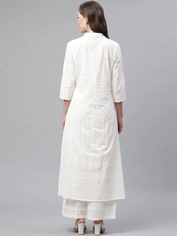 White Printed A-line calf length three-quarter  sleeves Cotton Kurta with Palazzo!!