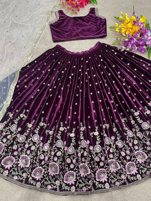 Embroidered Velvet Bridal Lehenga with Double Chunni in Wine color-818 –  Saundaryam Fashions