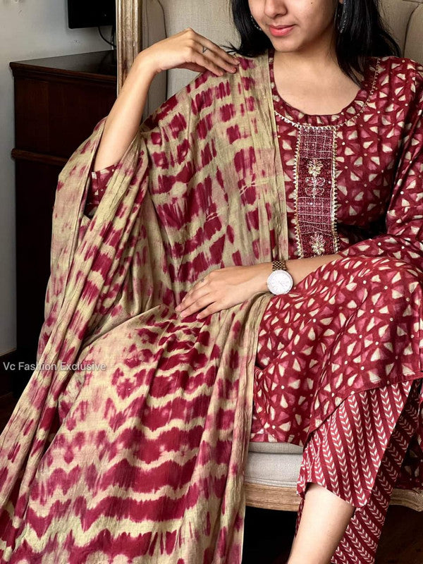 Maroon & Multi Coloured Premium Rayon Printed Women Fully Stitched Designer Party wear Kurti with Pant & Cotton Dupatta!!