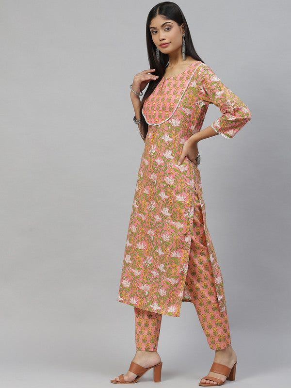Peach Coloured Pure Cotton Floral Printed Sequinned Straight shape Round neck 3/4Sleeves Women Designer Party/Daily wear Kurti with Trousers!!