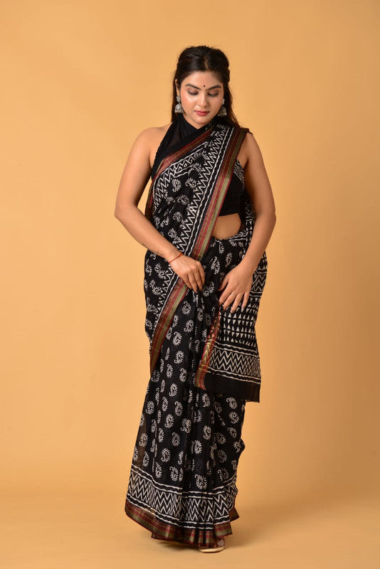 Black & Multi Coloured Pure Cotton with Beautiful Hand Block Printed Women Party/Daily wear Designer Cotton Saree with Blouse!!