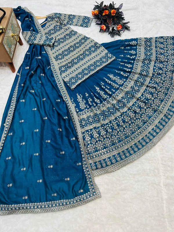 Blue Coloured Pure Silk  Sequance with EMBROIDERY Work Women Designer Party wear Lehenga Top with Bottom & Dupatta!!