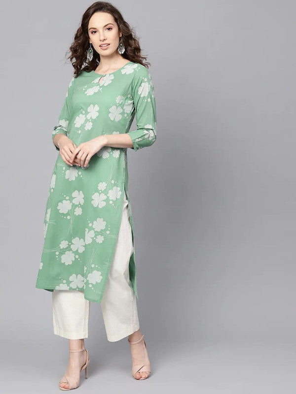 Green & White Coloured Pure Cotton with floral printed Women Designer Party wear Straight Line Kurti with Trousers!!