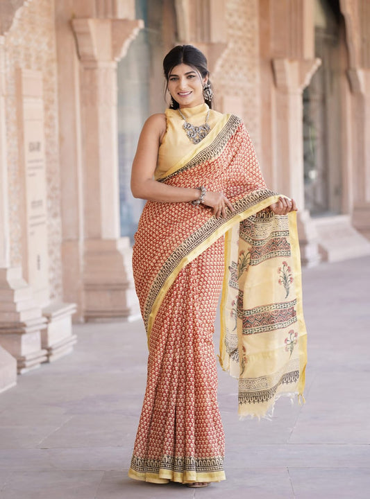 CHANDERI BLOCK PRINTED COTTON SAREE