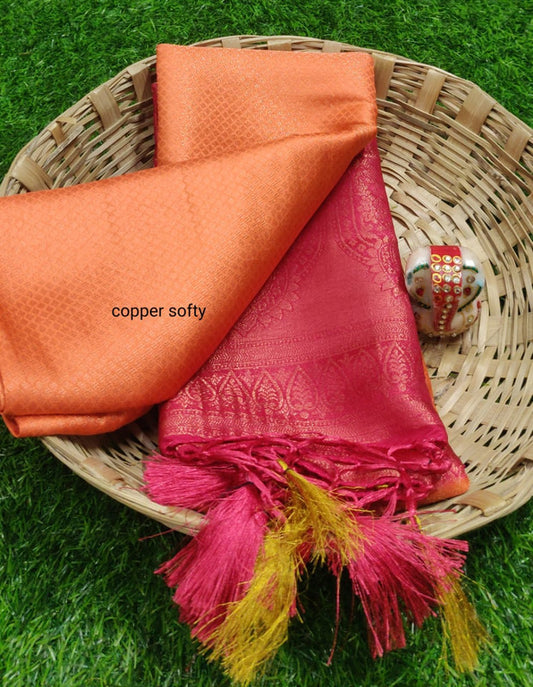 FABULOUS  SOFT SILK SAREE WITH COPPER JARI N CONTRAST BORDER N RICH GRAND PALLU