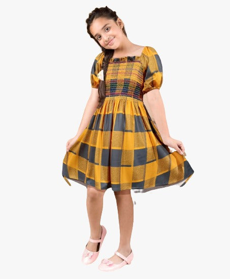 Yellow Coloured Girls Lycra Digital print Smoking Work Frock!!