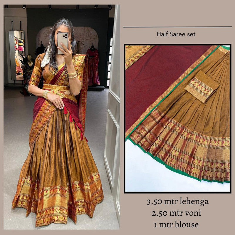 Gold & Multi Coloured Premium Cotton Silk with Zari Weaving Work Woman Designer Party wear Half Saree Set!!