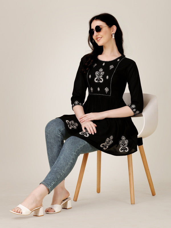 Black Coloured Premium Rayon with Embroidery & Sequence Work Round Neck 3/4 Sleeves work Women Party/Daily wear Western Top!!