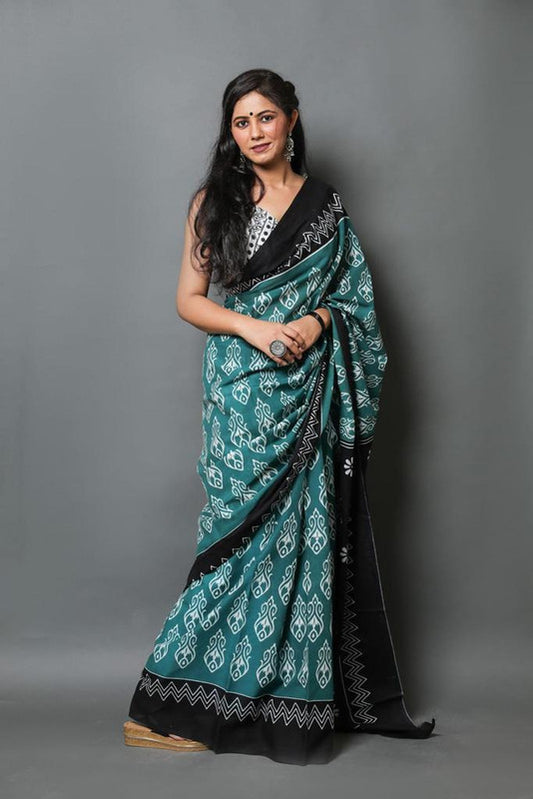 Green & Black Coloured Beautiful Hand Block printed Women Daily/Party wear Pure Mul Cotton Saree with Blouse!!