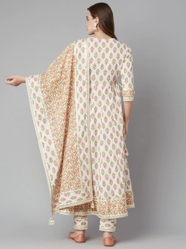 Cream-coloured Anarkali shape printed Kurta with Trousers and dupatta!!