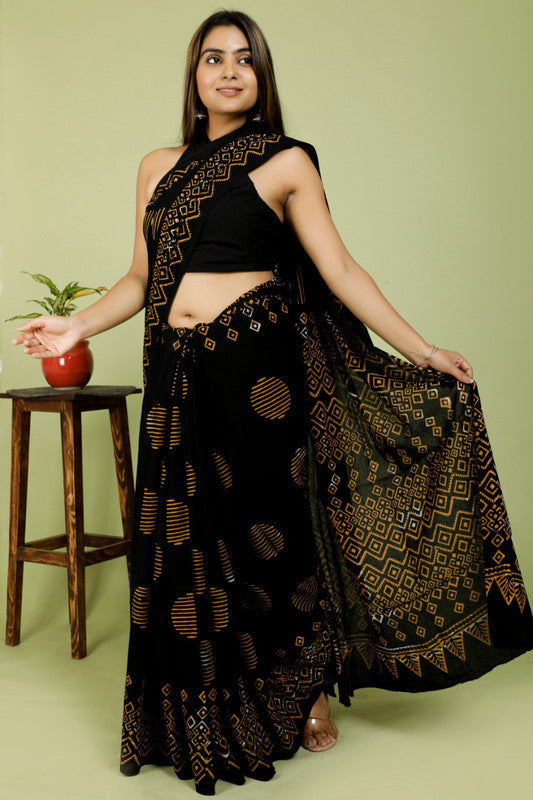 BEAUTIFUL BLACK HAND PRINTED MUL COTTON SAREE!!