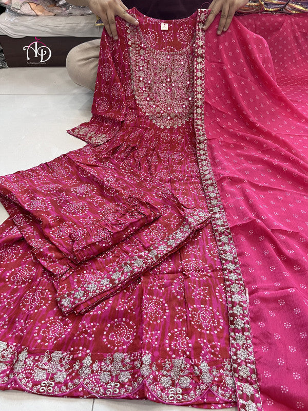 Pink Coloured Rayon with Embroidery Mirror Work Women Designer Party Anarkali Gown Kurti with Sharara & Dupatta!!