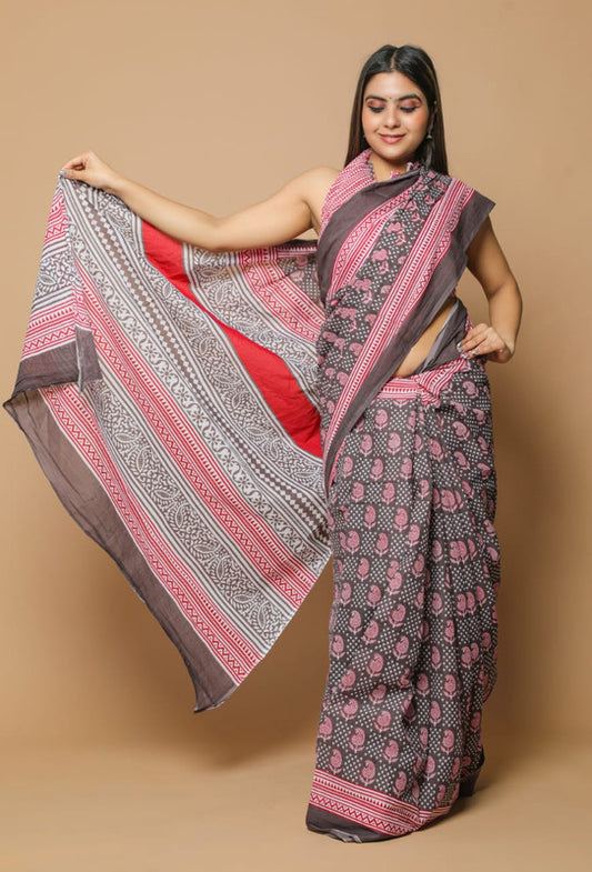 HAND PRINTED MUL COTTON SAREE