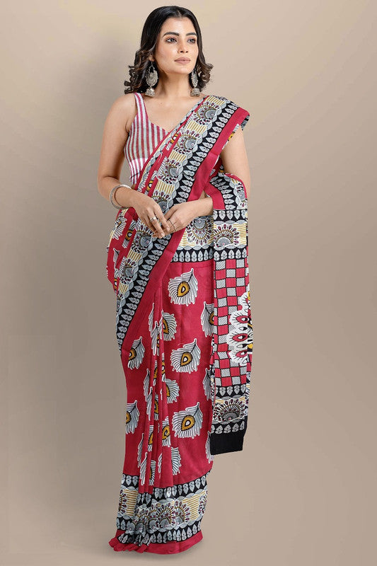 Dark Pink & Multi Coloured Premium Mul Mul Cotton Beautiful Hand Block printed Women Daily/Party wear Saree with Blouse!!