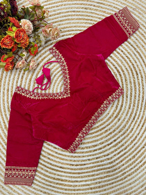 Red Coloured Premium Pure Velvet Heavy Embroidery & Handwork Woman Ready made Designer Bridal Blouse- Free Size Up to 38 Inch!!