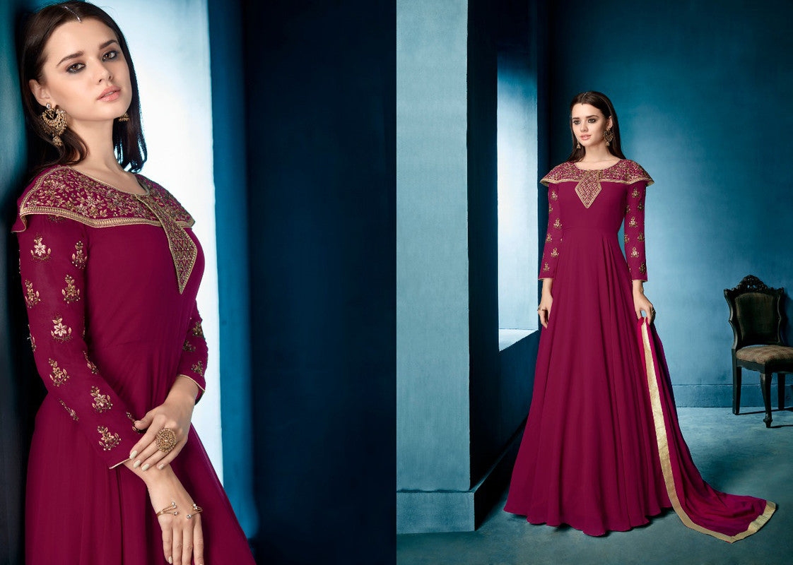 Maroon Coloured Lichi Gorgert with Beautiful Embroidery work Women Designer Party wear Gown Kurti with Bottom & Dupatta!!