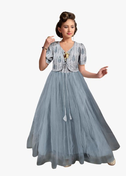 Grey Coloured Rayon & Soft net Sequence & Thread work full flair Gown for Girls!!