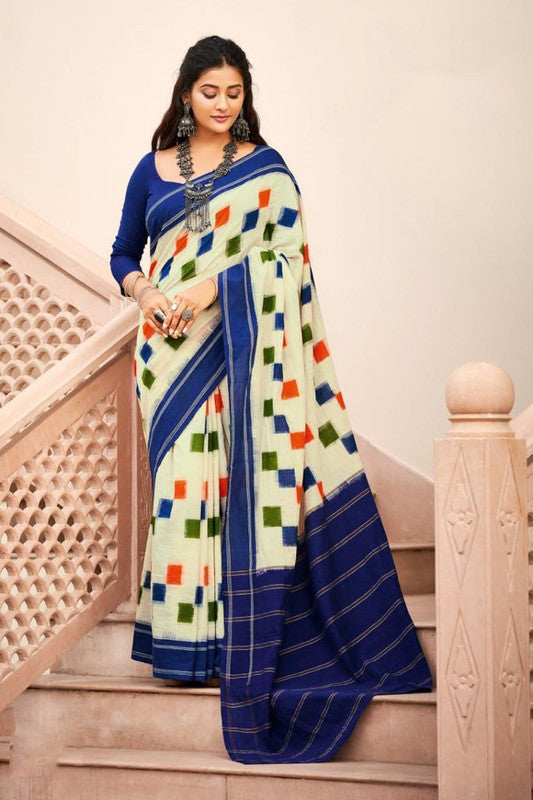 Blue & Multi Coloured Soft Chanderi Cotton with Bagru Print Women Party wear Saree with Beautiful matching Blouse!!