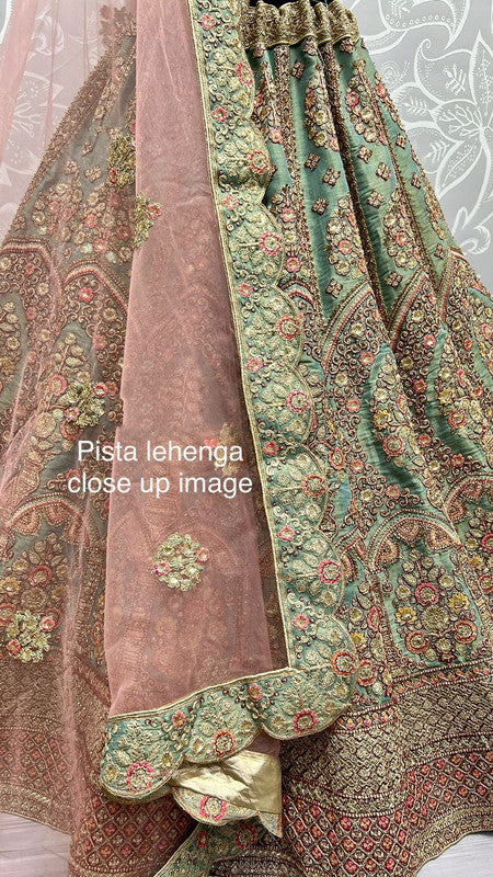 Pista Green Coloured Bridal Net Dori Embroidery with Zari work and Multi Thread Woman Designer Party wear Bridal Lehenga Choli with Dupatta Set!!