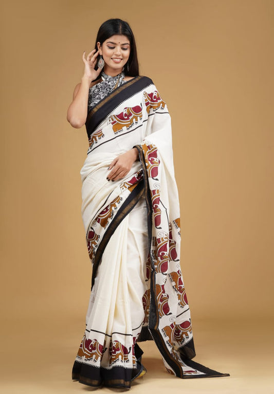 Off White Coloured Cotton Jari Border Saree with Blouse!!