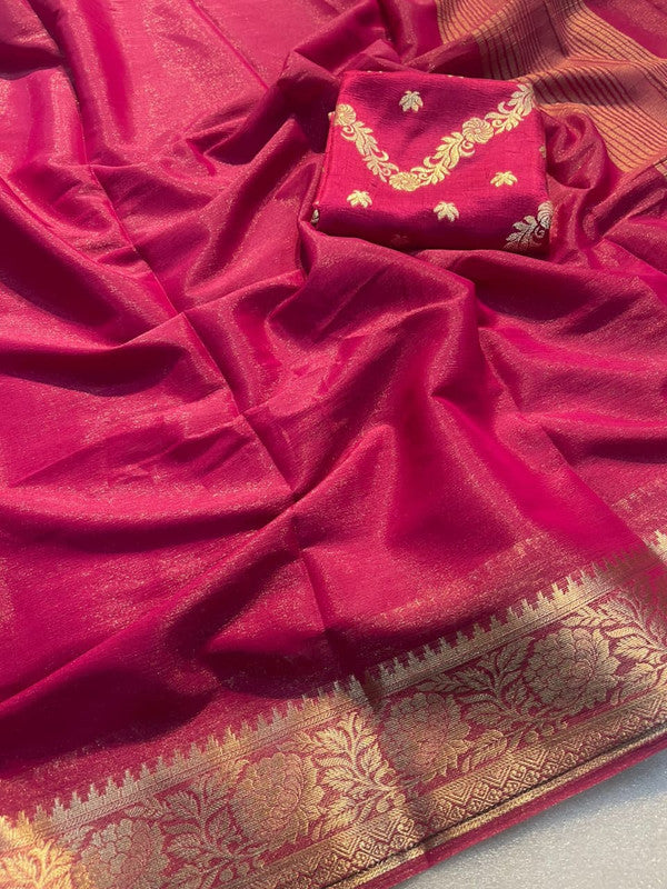 Dark Pink Coloured Shimmer Viscose Chiffon with Wevaing Border Women Festival/Party wear Designer Chiffon Saree with Banarasi Silk Blouse!!