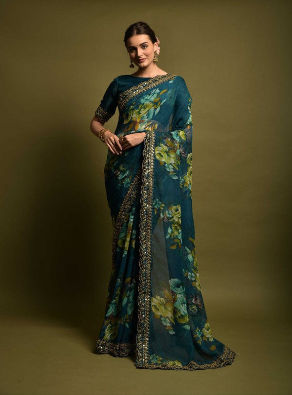 Dark Rama Blue Coloured Soft Chiffon Beautiful floral Print Sequence Lace border & Embroidery Work Saree with Blouse!!