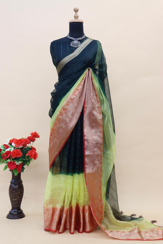 Navy Blue & Yellow Coloured Soft pure Kora Khadi Organza Silk Jacquard weaving border with chit pallu Women Party wear Silk Saree with Blouse!!