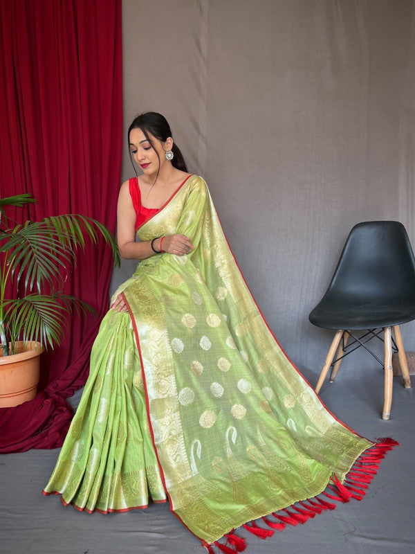 PURE COTTON LINEN SAREE WITH GOLD ZARI MOTTIFS WITH RICH PALLU!!