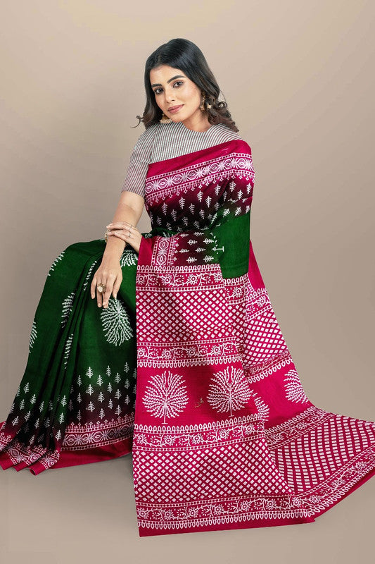 Green & Dark Pink Coloured Premium Mul Mul Cotton Beautiful Hand Block printed Women Daily/Party wear Saree with Blouse!!