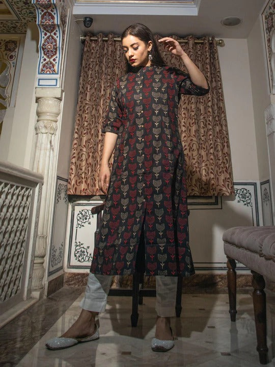 Black & Red Coloured Pure Cotton Ethnic Motifs Printed A Line Shape Women Designer Party/Daily wear Kurti!!