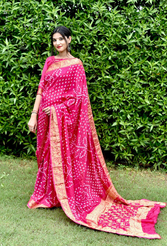 Pink & Multi Coloured with Zari Weaving & Bandhani Print Women Designer Party wear Art Silk Saree with Blouse!!