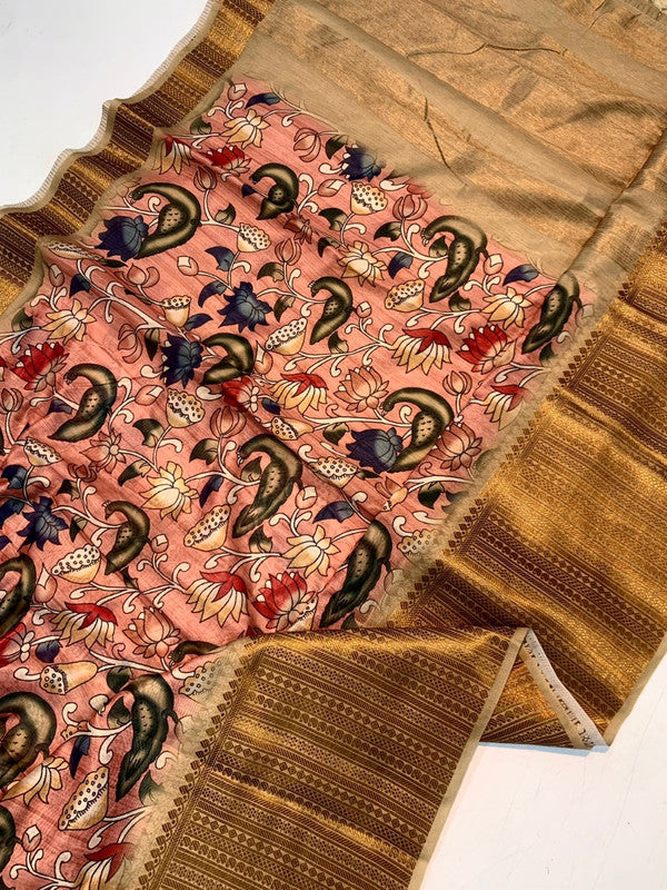 Pink & Multi Coloured Pure Cotton Linen with Kalamkari prints & 10 inch Jacquard weaving border with Chitt pallu Women Party wear Silk Saree with Blouse!!