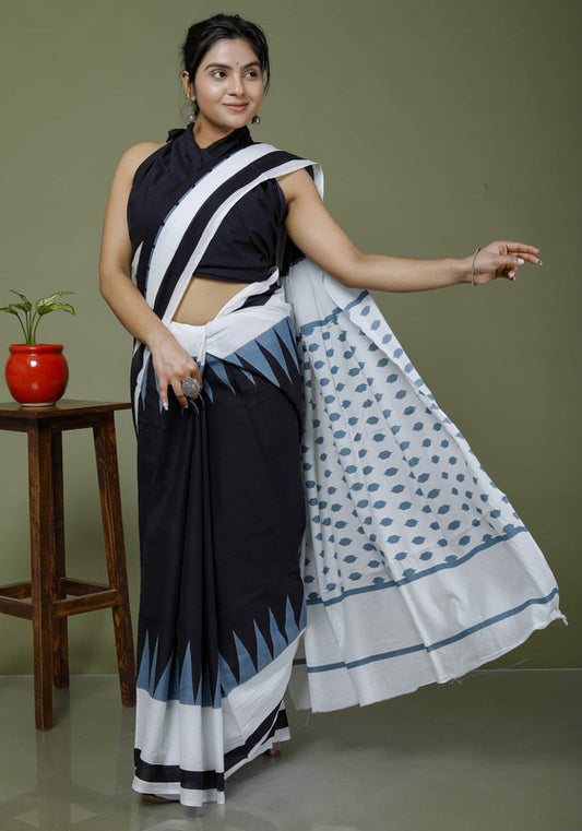 Navy Blue & Multi Coloured Hand Printed Super dying Quality Mul Cotton Women Daily wear Saree with Blouse!!