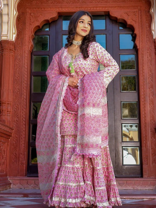 Pink Coloured Pure Cotton Ethnic Motifs Printed Gotta Patti Straight Shape Women Designer Party/Daily wear Kurti with Sharara & Dupatta!!