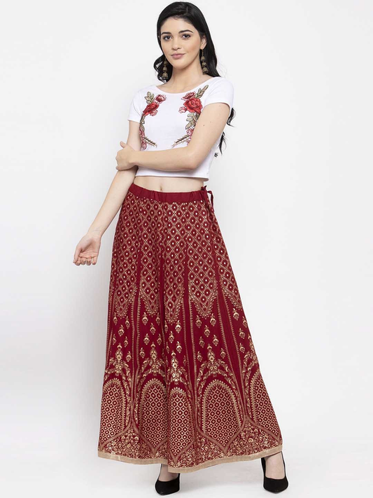 Gold Print Maroon coloured Rayon Skirt Free Size( 28 to 40 Inch)!!