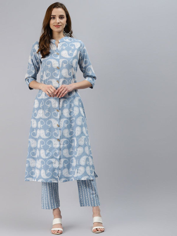 Blue & Multi Coloured Pure Cotton Ethnic Motifs Floral Printed A-Line Shape Women Designer Party/Daily wear Kurti with Striped Palazzos!!