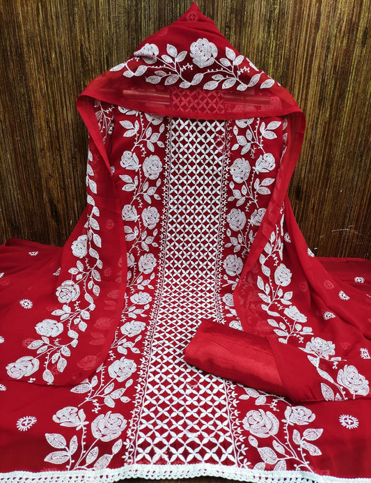 Red Coloured Exclusive Georgette Lucknow Chickankari Embroidery work Dress Material Suit!!