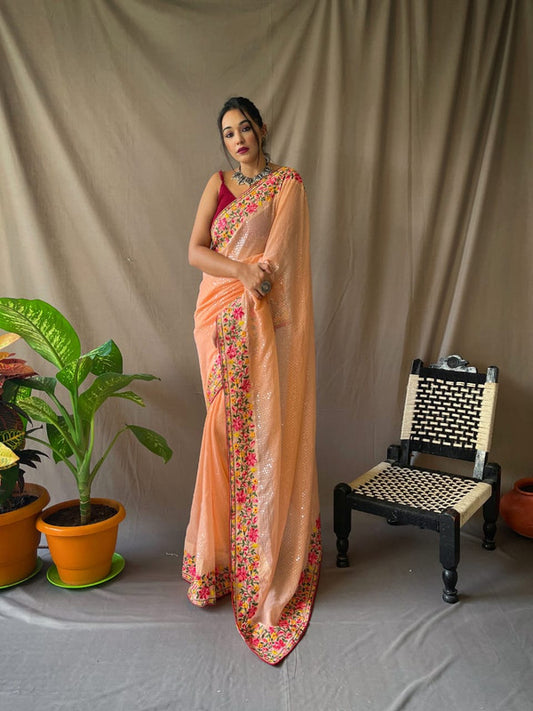 Orange & Multi Coloured Beautiful Sequence work with Butta Women Designer Party wear Georgette Fancy Saree with Silk Blouse!!