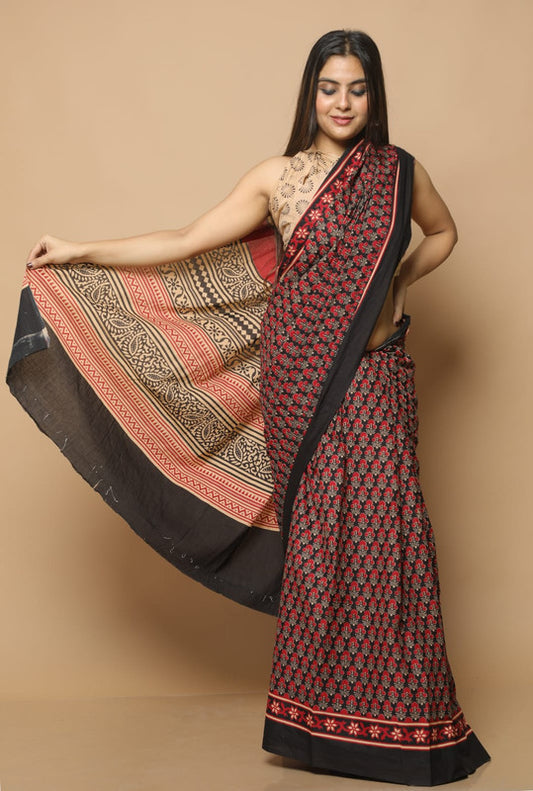 HAND PRINTED MUL COTTON SAREE