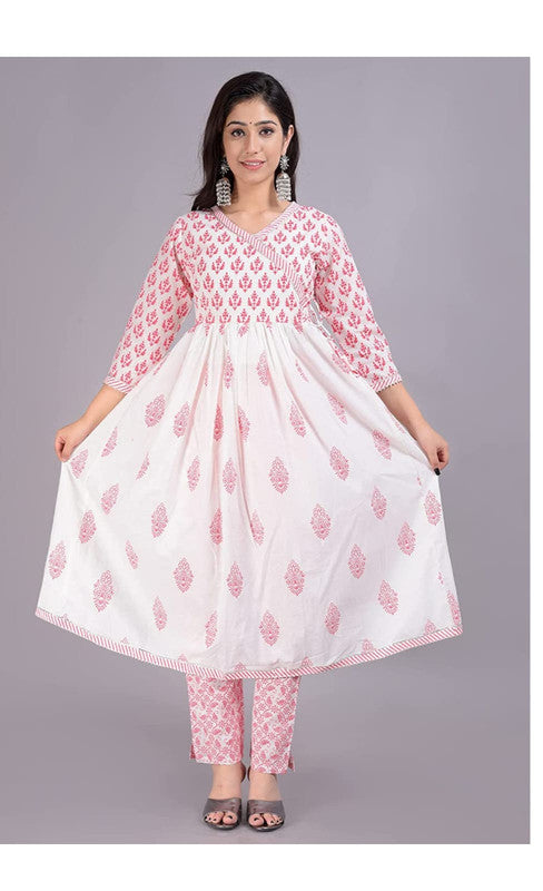 Pink & White Coloured Premium Rayon Block Printed Angrakha style Women Designer Party wear side latkan Kurti with Pant  Dupatta!!