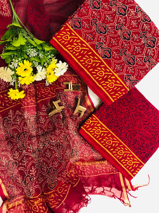 Maroon & Multi Coloured Exclusive Unstitched Pure Cotton Printed Women Party/Daily wear Dress Material Suit- Top with Bottom & Kota Doria Jari Border Dupatta!!